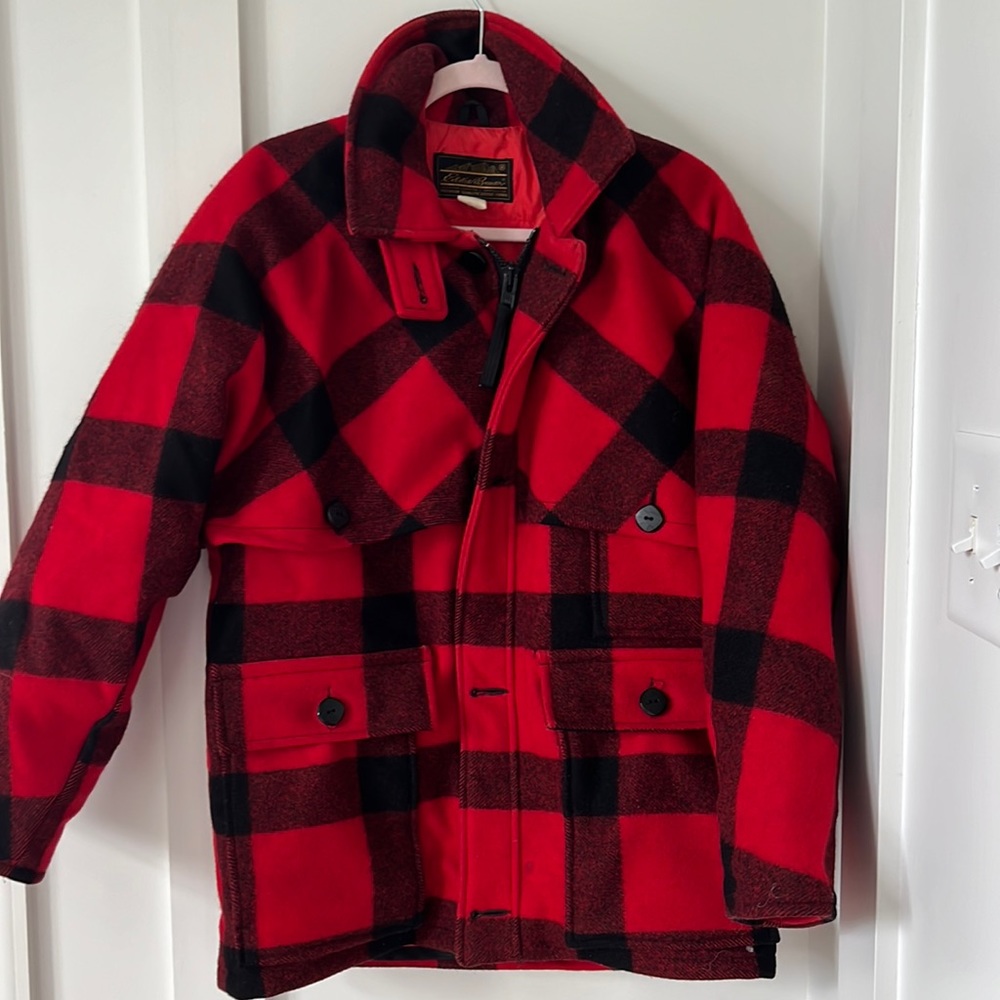 Vintage Eddie Bauer Wool Mackinaw Hunting Black red Coat Size M